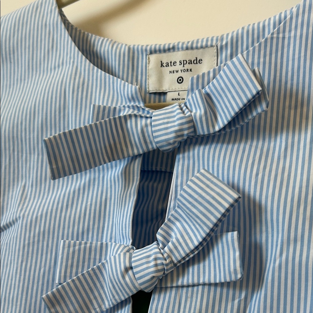 NWT Kate Spade x Target Stripe Puff Short Sleeve Bow Blouse Size Large L Blue - Picture 2 of 8